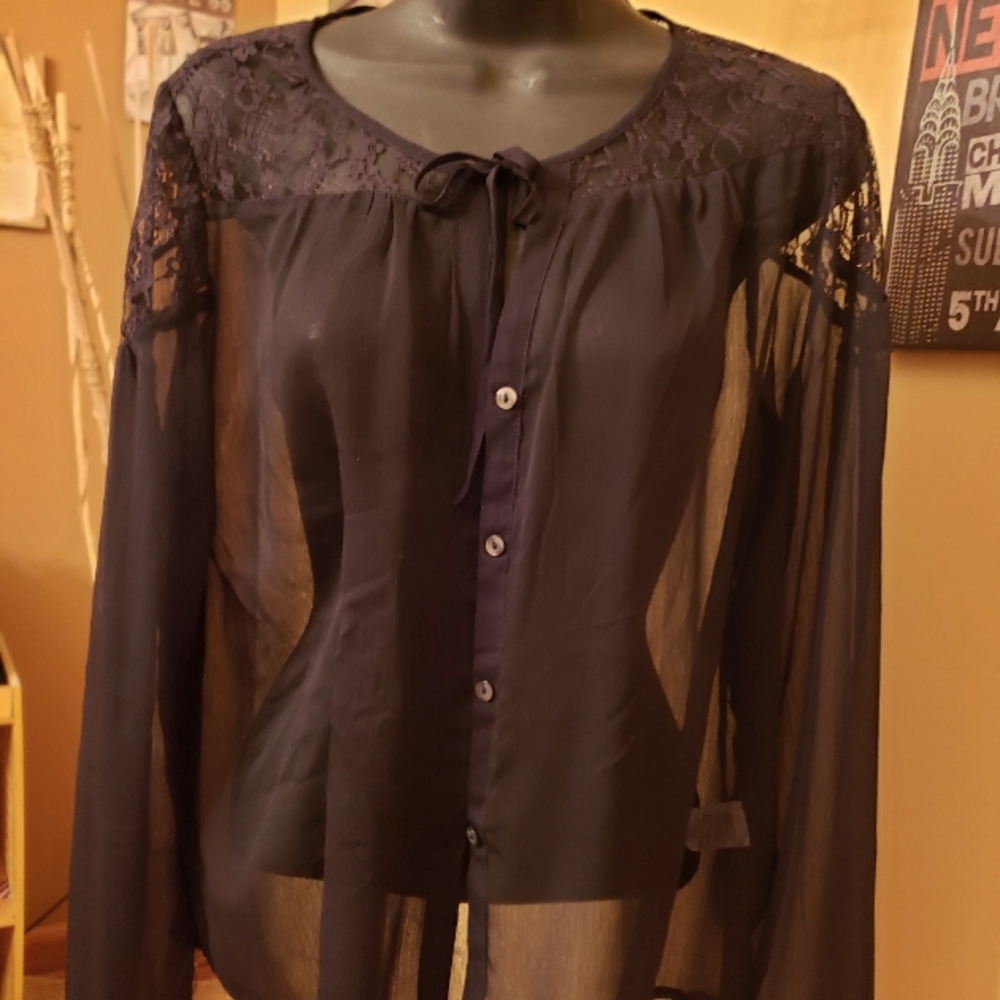 Vintage Black Lace Detail Tie Blouse M